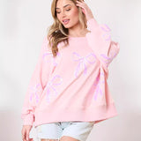 sweater 2024 New Fresh Sweet Loose Pullover Bow Ribbon Sequined round Neck Sweater for Women