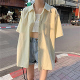 summer outfits inspo Solid Color Short-Sleeved Shirt Women's Retro Hong Kong Style Shirt New Summer Students All-Match Upper