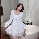 detective vs suspect dress to impress Autumn New 2024 Retro Waist Slimming Korean Casual off-Neck Ruffled Dress