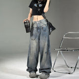 Poshoot 90s fashion American Retro Jeans Women's Summer New High Waist Loose Wide Leg Slimming Straight Mop Pants Ins