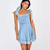 country concert outfit 2024 Summer Square Collar Lace-up Waist Distressed Denim Dress Small Skirt