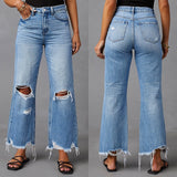 picture day outfit 2024 New Wide-Leg Pants Tassel Washed Ripped High Waist Jeans Straight Casual Trousers for Women