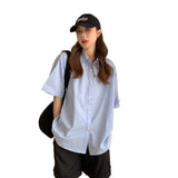 summer outfits inspo Summer Blue Short-Sleeved Shirt for Female Students Inner and Outer Wear Loose All-Match Shirt Retro Hong Kong Style Top for Women