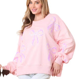 sweater 2024 New Fresh Sweet Loose Pullover Bow Ribbon Sequined round Neck Sweater for Women