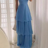 dress Fashion Lady Elegant Dress 2024 Summer Sexy Sleeveless Multi-Layer Pleated Solid Color Dress