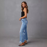 picture day outfit 2024 New Wide-Leg Pants Tassel Washed Ripped High Waist Jeans Straight Casual Trousers for Women