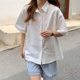 summer outfits inspo Summer Blue Short-Sleeved Shirt for Female Students Inner and Outer Wear Loose All-Match Shirt Retro Hong Kong Style Top for Women