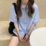 summer outfits inspo Summer Blue Short-Sleeved Shirt for Female Students Inner and Outer Wear Loose All-Match Shirt Retro Hong Kong Style Top for Women