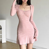 android vs cyberborg dress to impress Style 2024 Autumn and Winter New Women's Clothing Fresh Sweet Square Collar Slim Ruffled Dress