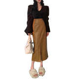 fashion outfits Brown Leather Skirt for Women 2024 New Spring and Autumn Mid-Length High-End Sense Royal Sister A- Line Hip Skirt Split Skirt