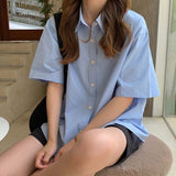 summer outfits inspo Summer Blue Short-Sleeved Shirt for Female Students Inner and Outer Wear Loose All-Match Shirt Retro Hong Kong Style Top for Women