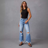 picture day outfit 2024 New Wide-Leg Pants Tassel Washed Ripped High Waist Jeans Straight Casual Trousers for Women