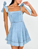 country concert outfit 2024 Summer Square Collar Lace-up Waist Distressed Denim Dress Small Skirt