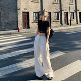 Poshoot casual summer outfits American Retro White Overalls Kendou Casual Slimming Wide-Leg Pants Mopping Low Waist Hot Girl Drawstring Trousers