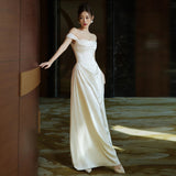 Poshoot fruitful fashion dress to impress French off-Shoulder Light Wedding Dress Bride High-Grade White Simple Satin Dress Elegant Light Luxury Slim Fishtail Dress