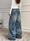 90s fashion Plus Size American-Style Washed Profile Curved Jeans Women's High Street Retro Loose High Waist All-Match Wide Leg Pants