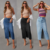 Poshoot teacher outfits 2024 New Split Denim Skirt Women's High Waist Washed American A- line Skirt Mid-Length