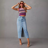 teacher outfits 2024 New Split Denim Skirt Women's High Waist Washed American A- line Skirt Mid-Length