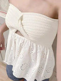 Poshoot White Vintage Knot Front Knit Embroidered Tube Top