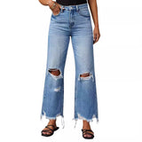 picture day outfit 2024 New Wide-Leg Pants Tassel Washed Ripped High Waist Jeans Straight Casual Trousers for Women