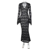 detective vs suspect dress to impress Hot New Sexy Deep V Lace Pattern Perspective Slim Long Sleeve Street Style Long Dress Women