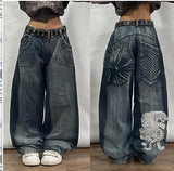 90s streetwear American Retro Distressed Pattern Printing Design Ins Wide-Leg Pants Men and Women Same Style Street High Street Wear