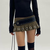 Poshoot concert outfit ideas Design Style Sexy Mini Skirt Lace-up Leather Big Belt Street Punk Hot Girl New Pleated Skirt