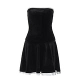 cybergoth dress to impress Retro Sexy Small Black Dress Velvet Stitching Ruffled Wrapped Chest Pleated Tube Top Skirt Waist Slimming Fairy Skirt