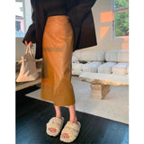 fashion outfits Brown Leather Skirt for Women 2024 New Spring and Autumn Mid-Length High-End Sense Royal Sister A- Line Hip Skirt Split Skirt