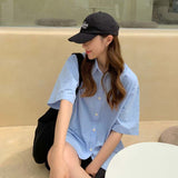 summer outfits inspo Summer Blue Short-Sleeved Shirt for Female Students Inner and Outer Wear Loose All-Match Shirt Retro Hong Kong Style Top for Women