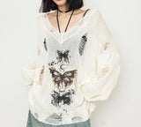 2000s dti Y2g Dark Lazy Style Sweater Hollow Printed Ripped Design Long Sleeve Knitted Blouse Loose Sweater