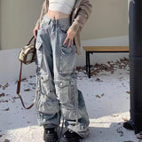 Poshoot sweater Heavy Industry Punk Style Multi-Pocket Wide-Leg Mopping Jeans Washed Gradient High Waist Loose Pants