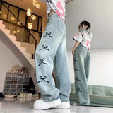 Poshoot back to school fits Design Bow Embroidered Jeans Wide-Leg Pants Women's High Waist Straight Pants Mopping Pants