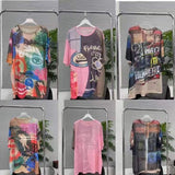 90s fashion Women's Mesh Short-Sleeved T-shirt American Retro Style Loose Mid-Length Color Printed round Neck T-shirt Top