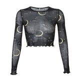 fall outfits 2024 New Featured Moon Printed Mesh Hollow-out Short T-shirt Bottoming Shirt