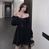 detective vs suspect dress to impress Autumn New 2024 Retro Waist Slimming Korean Casual off-Neck Ruffled Dress