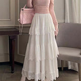 church outfit Spring 2024 New French Gentle Style Lace Stitching Ruffled Cake Skirt Western Style All-Match Fairy Skirt