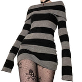 striped Y2K New Striped Lapel off-Shoulder Slim Long Knitted Sweater Dress