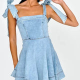 country concert outfit 2024 Summer Square Collar Lace-up Waist Distressed Denim Dress Small Skirt