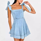 Poshoot country concert outfit 2024 Summer Square Collar Lace-up Waist Distressed Denim Dress Small Skirt