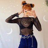 fall outfits 2024 New Featured Moon Printed Mesh Hollow-out Short T-shirt Bottoming Shirt