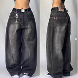 2000s dti Black Gray Denim Wide Leg Pants Jazz Dance Dancing Pants American High Waist Retro Distressed Ins Niche Design Sense