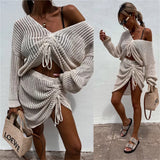 back to school fits Summer New Casual Sexy Women's Skirt Suit Fashion Pleated Top Solid Color Drawstring Skirt