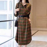 Poshoot outfit inspo fall Spring and Autumn 2024 New Stand Collar Simple Plaid Dress Women's High-Grade Temperament Commuter Waist-Tight Shirt Dress