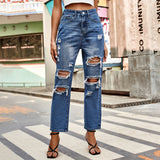 fashion outfits Women's New All-Match Washed Ripped Straight Denim Cropped Pants Fashion