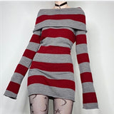 striped Y2K New Striped Lapel off-Shoulder Slim Long Knitted Sweater Dress