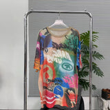 90s fashion Women's Mesh Short-Sleeved T-shirt American Retro Style Loose Mid-Length Color Printed round Neck T-shirt Top