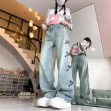 back to school fits Design Bow Embroidered Jeans Wide-Leg Pants Women's High Waist Straight Pants Mopping Pants