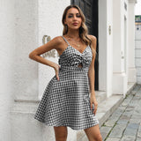 Poshoot hoco dresses Plaid Cotton and Linen Dress Front Twisted V-neck Strap A- line Skirt for Women New