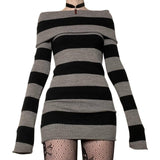 striped Y2K New Striped Lapel off-Shoulder Slim Long Knitted Sweater Dress